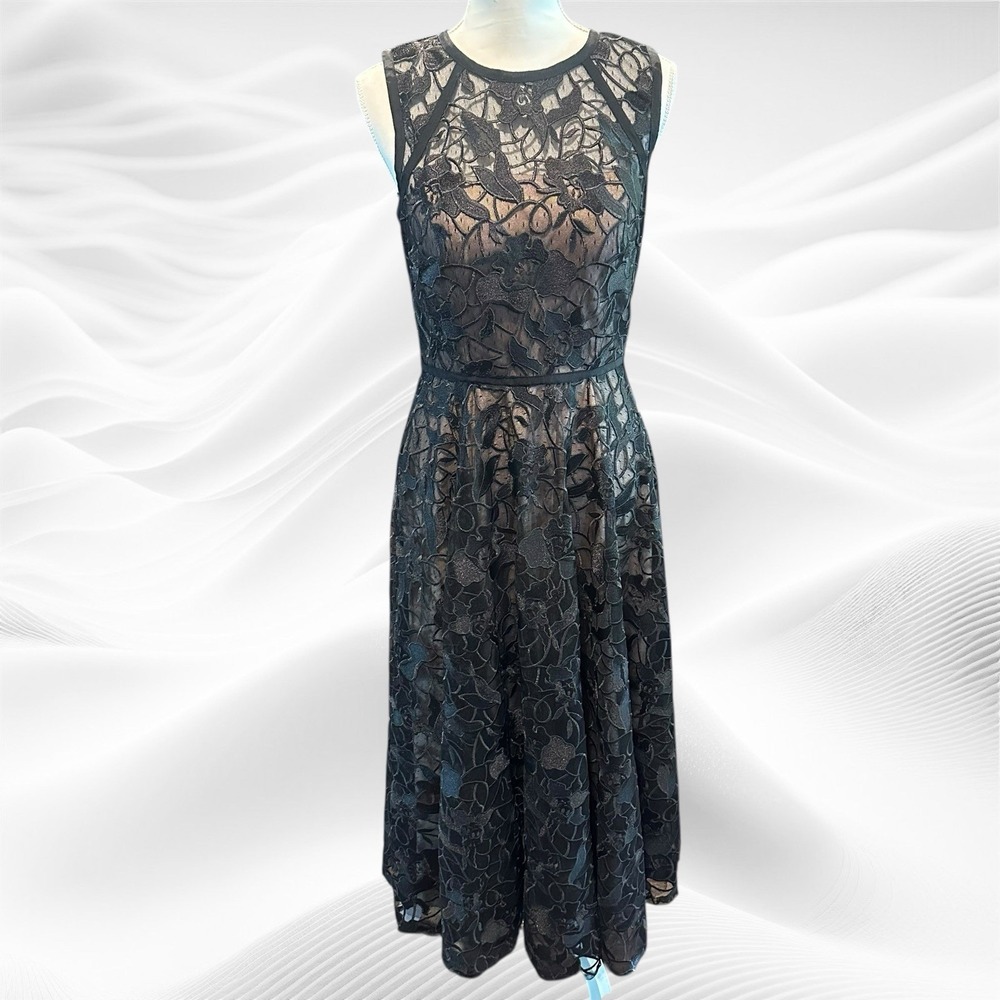 Carmen Marc‎ Valvo Infusion Lace Floral  MIDI DRESS sz 8 Fit And Flare Pockets